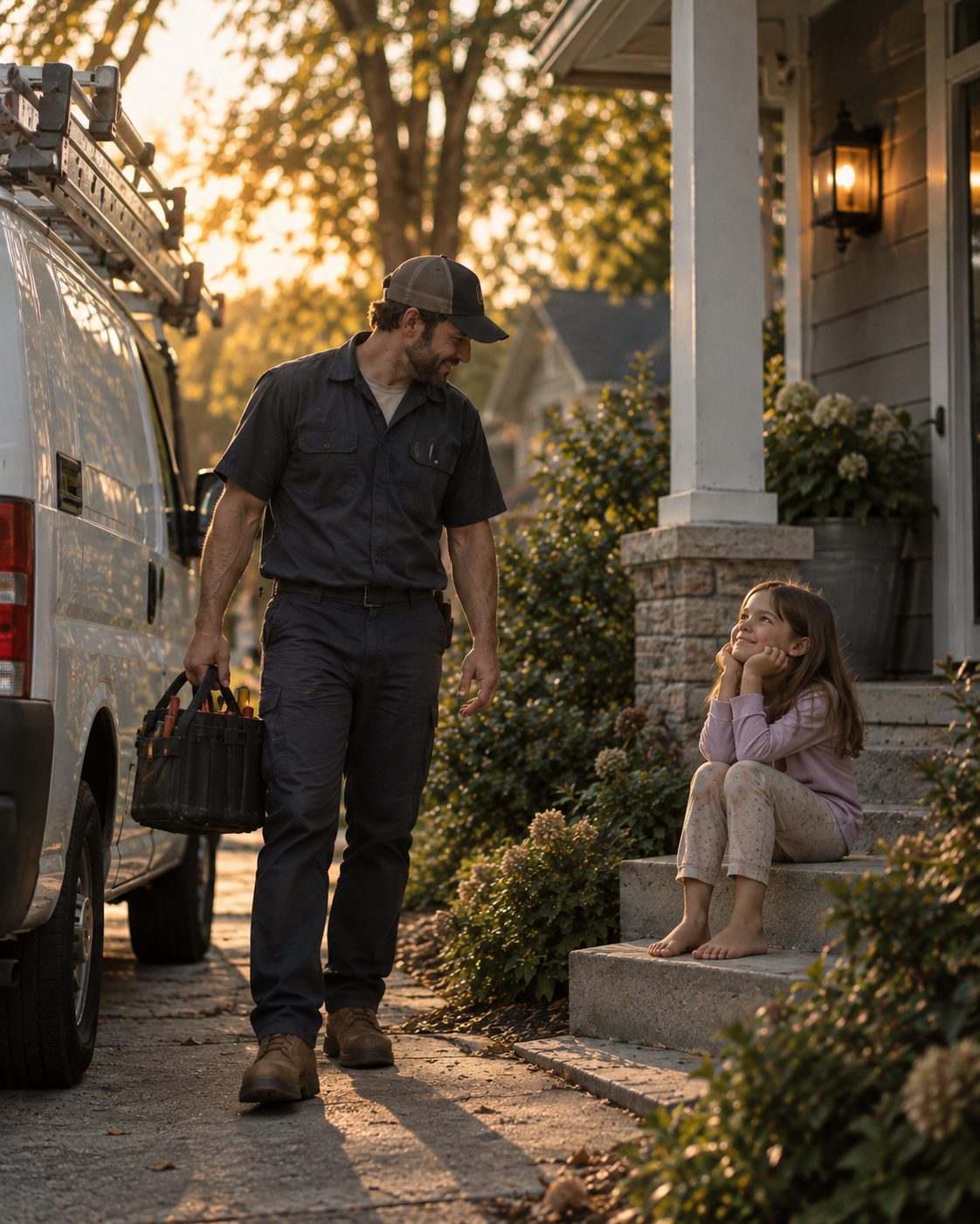 A tradesperson carrying his toolbox home at golden hour, greeted by his daughter on the porch steps